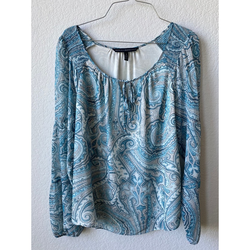 White House Black Market Women Paisley Boho Blouse Size M Blue White